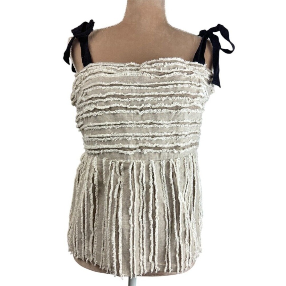 Anthropologie Maeve Cream Textured Fringe Tank with Black Tie Straps